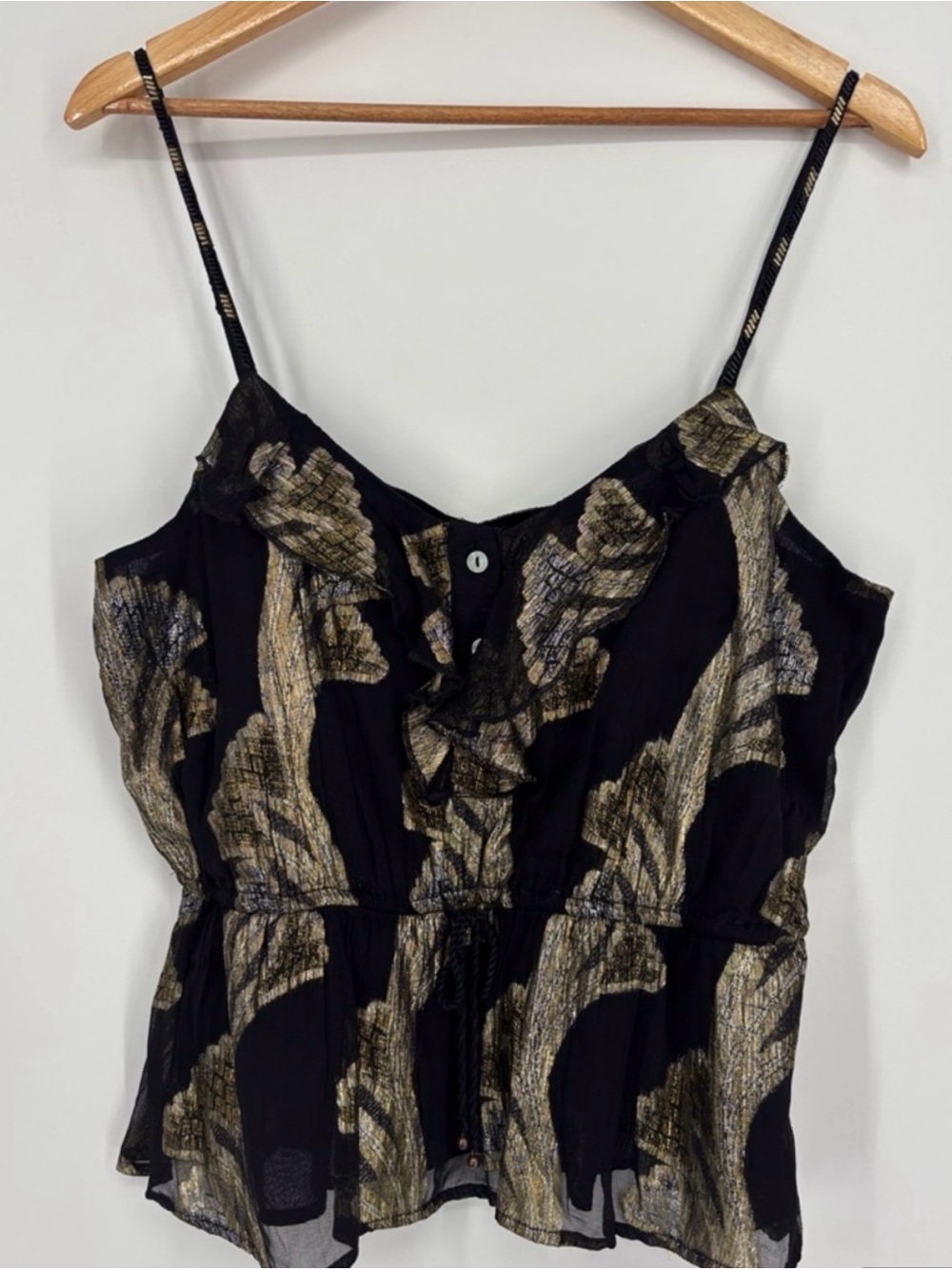 Anthropologie Black and Gold Metallic Leaf Ruffle Tank Top (see notes)